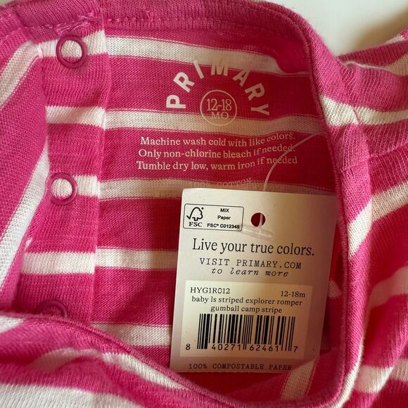 NEW Primary Baby Striped Pink Romper 12-18 Months - Picture 8 of 10